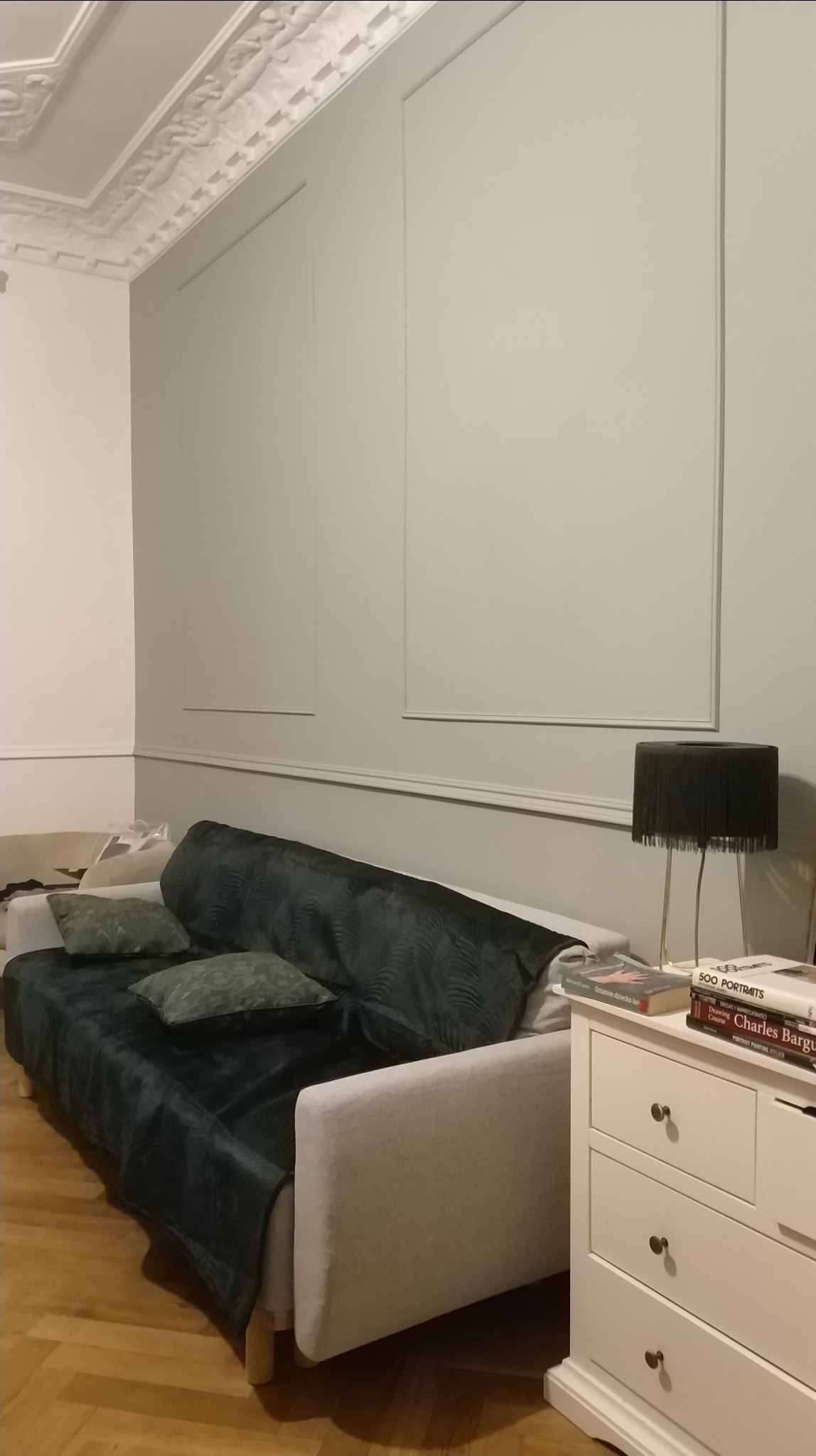 Szare ściany z dekoracyjnymi panelami i listwami, sofa z zielonym pledem i poduszkami, biała komoda z książkami i lampką.