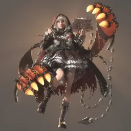 Stylizowana postać dziewczyny w czerwonym kapturze, trzymającej otwartą księgę, z mechaniczną ręką z tyłu, w renderowanej grafice 3D.