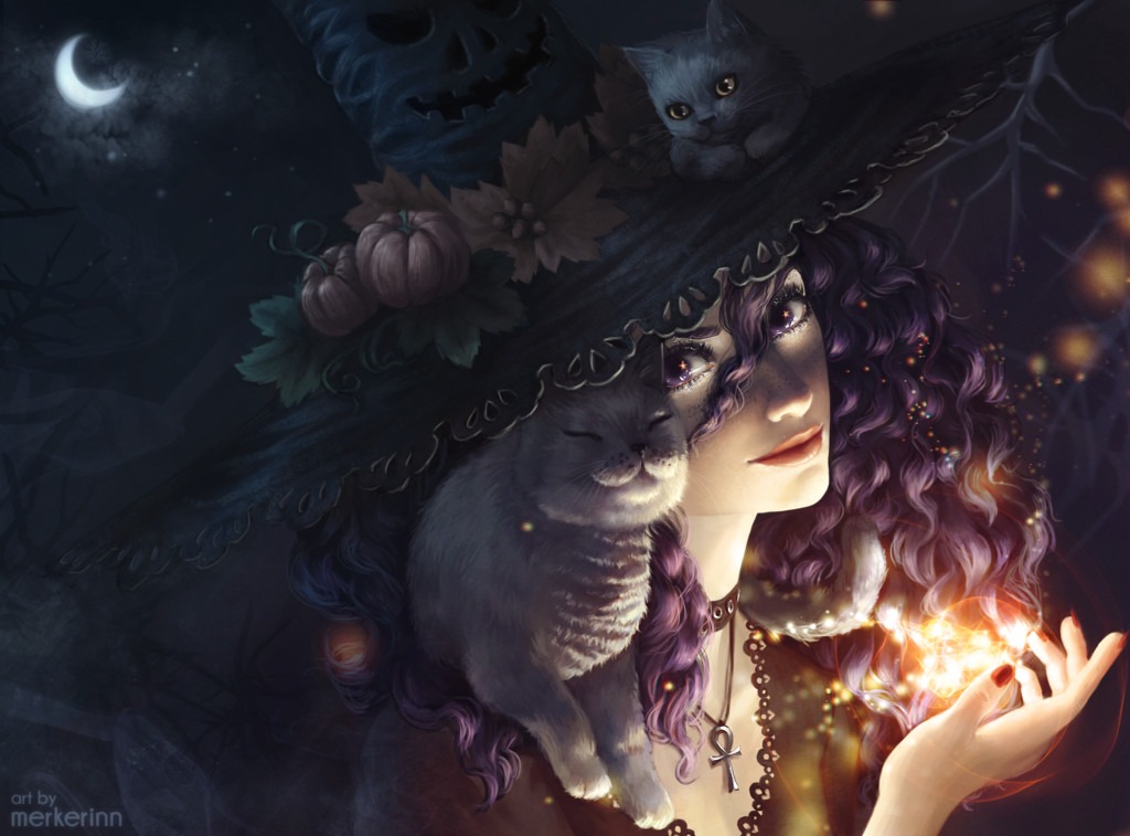 Ilustracja cyfrowa przedstawiająca kobietę w czarnym kapeluszu czarownicy ozdobionym dyniami i czaszką, z dwoma białymi kotami, trzymającą w dłoni iskrzące się światło, na tle nocnego nieba...