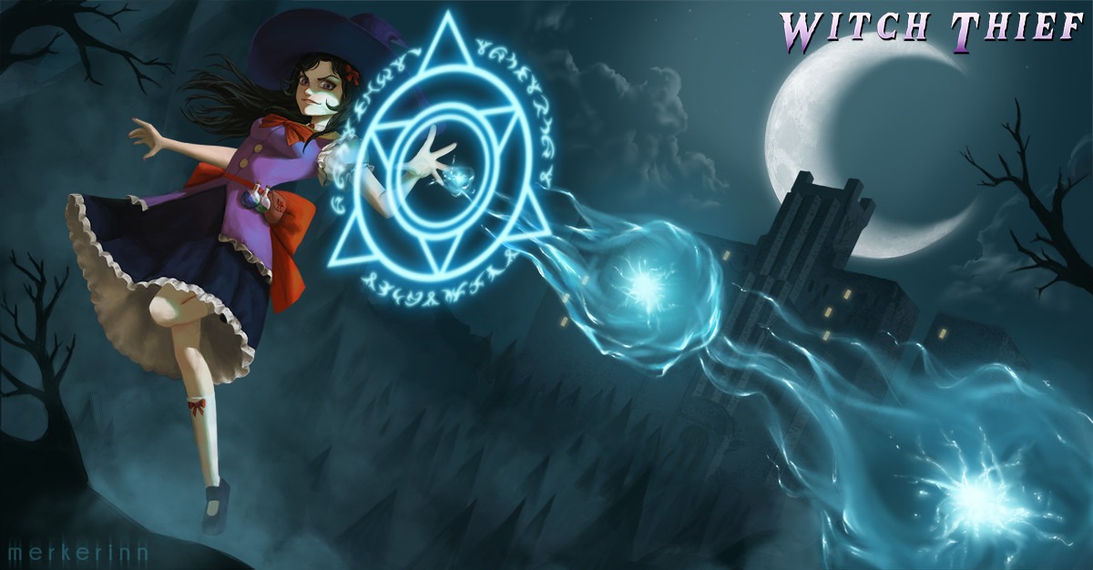 Ilustracja cyfrowa przedstawiająca czarownicę w fioletowym stroju, rzucającą zaklęcie z niebieskiego magicznego kręgu na tle nocnego krajobrazu z zamkiem i księżycem.