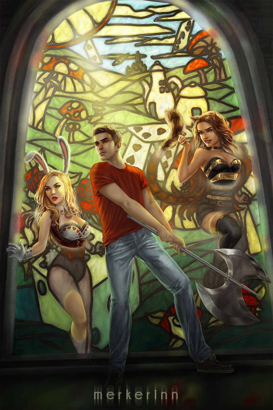 Cyfrowa ilustracja przedstawiająca mężczyznę z toporem stojącego przed witrażem z motywami Alicji w Krainie Czarów, w towarzystwie postaci kobiecych: króliczej dziewczyny i kociokształtnej kobiety...