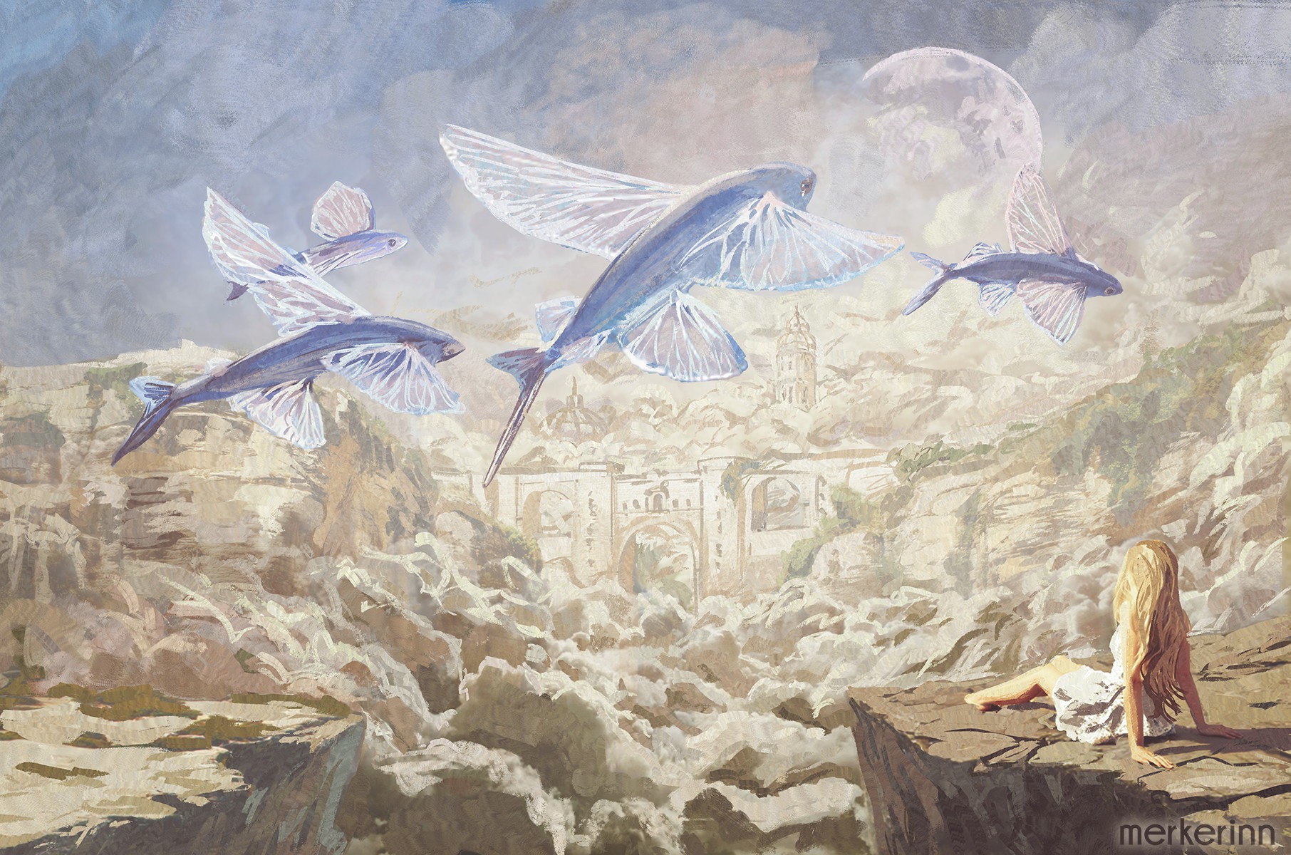 Malarska wizja miasta w chmurach z latającymi rybami o skrzydłach motyla i samotną dziewczyną siedzącą na skalnym klifie.