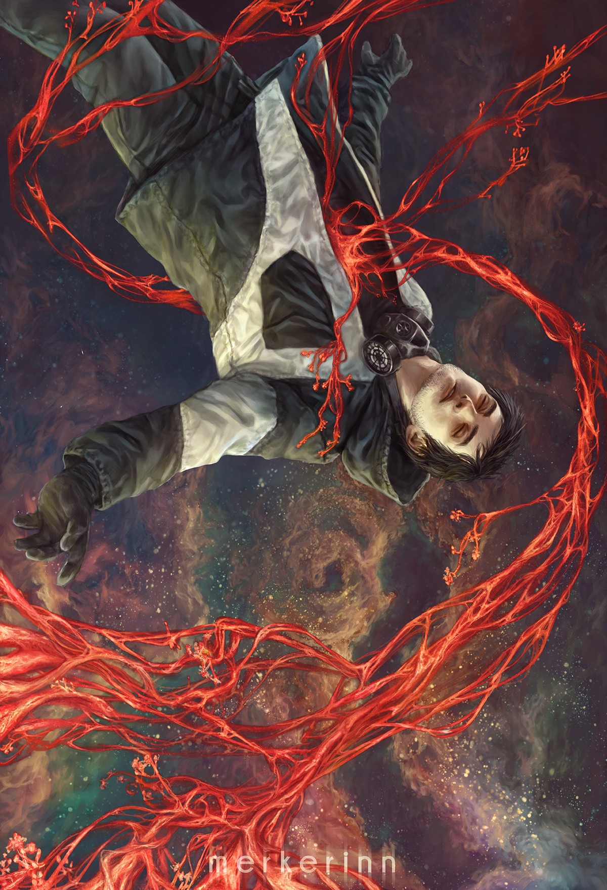 Cyfrowa ilustracja przedstawiająca mężczyznę w kombinezonie i masce przeciwgazowej, dryfującego w przestrzeni kosmicznej, otoczonego czerwonymi, przypominającymi korzenie, strukturami.