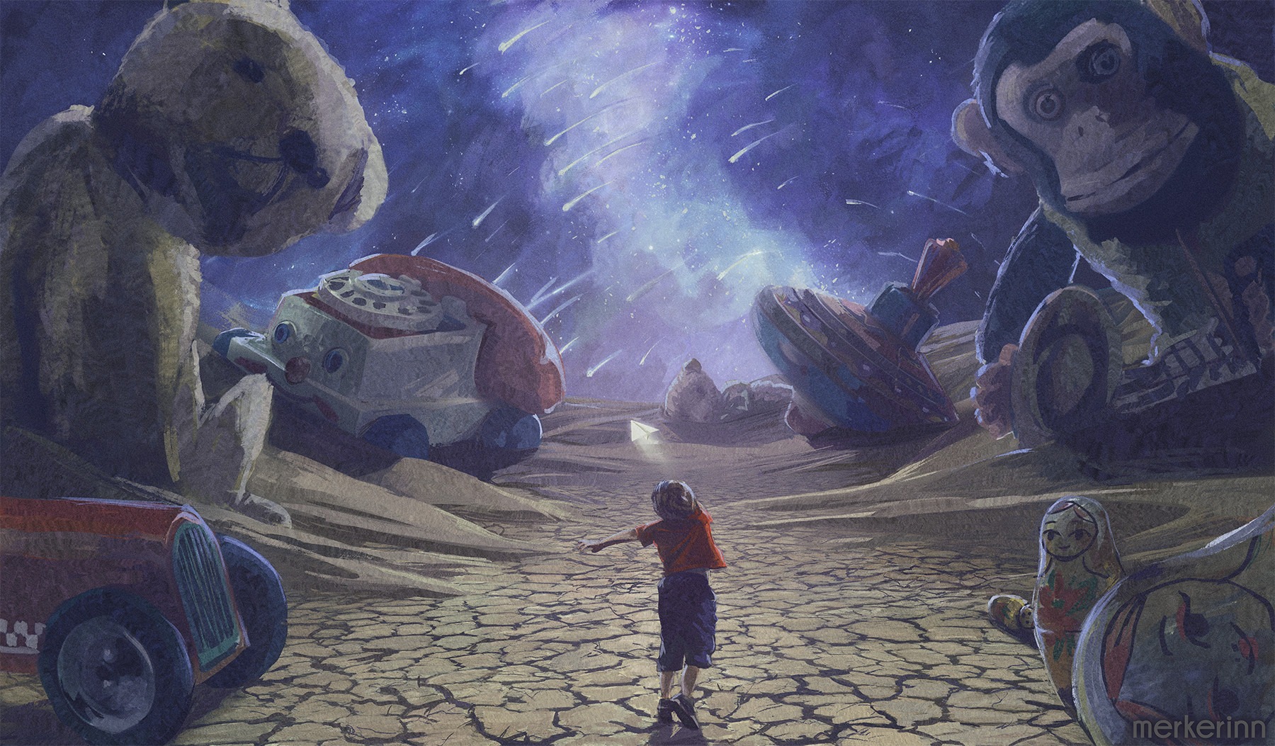 Malarska ilustracja przedstawiająca małego chłopca idącego w kierunku świecącego papierowego samolotu na pustynnym krajobrazie, otoczonego gigantycznymi zabawkami: pluszowym misiem, małpką...