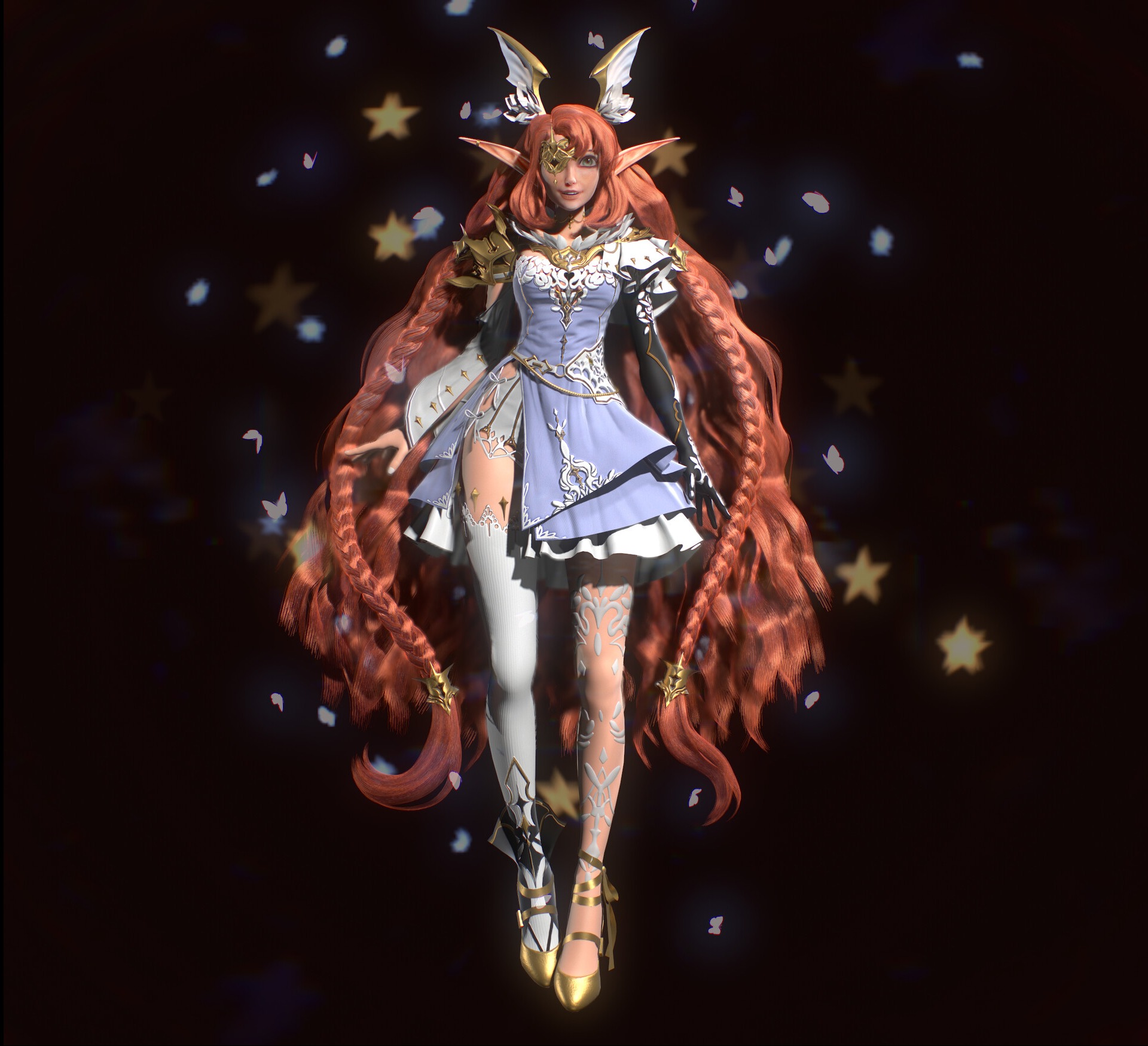 Trójwymiarowa postać kobiety elfa z rudymi warkoczami, w ozdobnym stroju z elementami złota, na tle ciemnego nieba z gwiazdami i płatkami kwiatów.