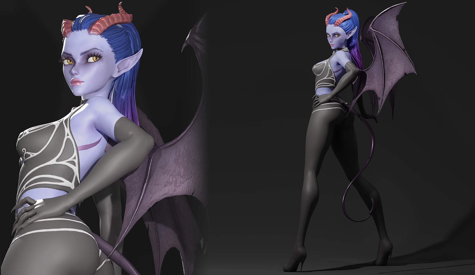 Model 3D kobiety demona z fioletowymi skrzydłami i rogami pozuje na tle ciemnego studia, prezentacja detali stroju i anatomii postaci.