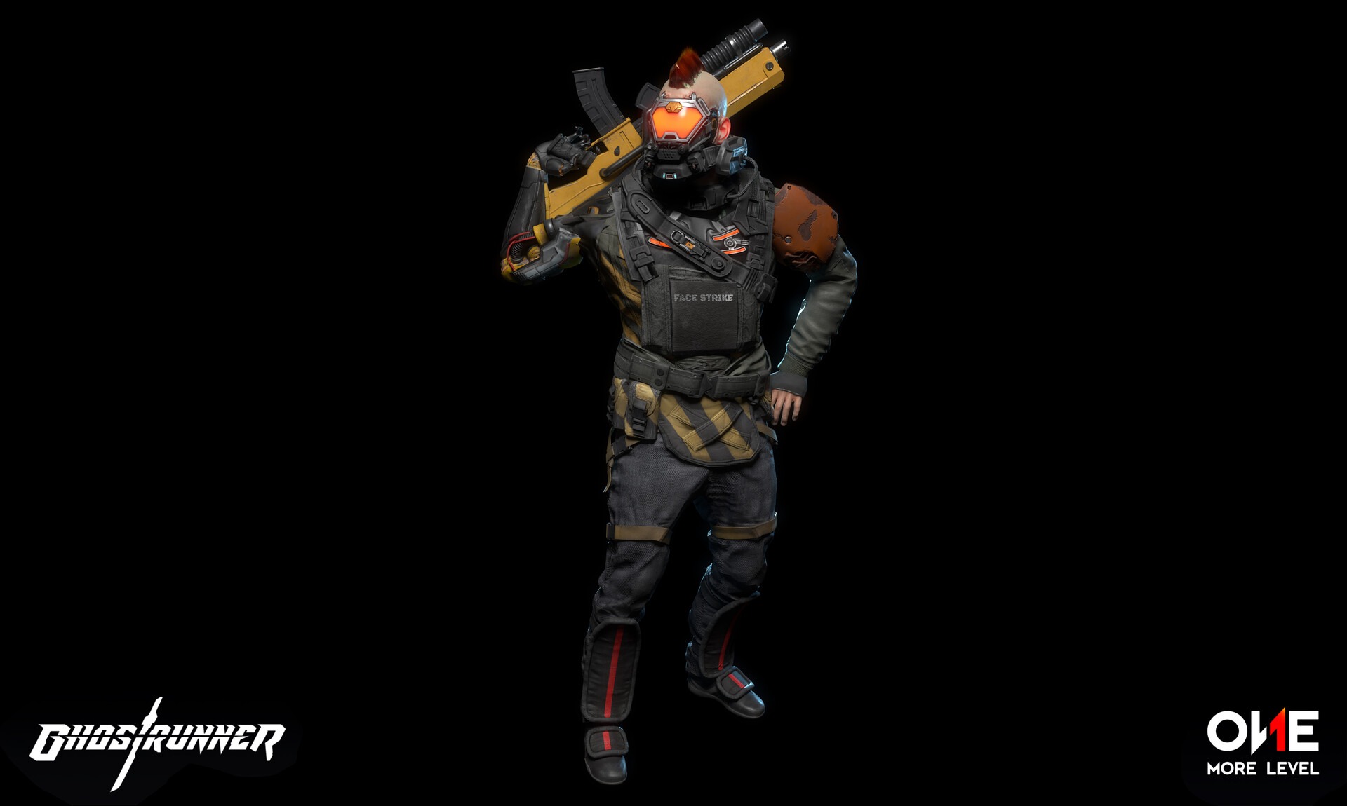 Postać w futurystycznym stroju z bronią na ramieniu, element gry Ghostrunner, z irokezem na głowie i maską na twarzy, na czarnym tle.