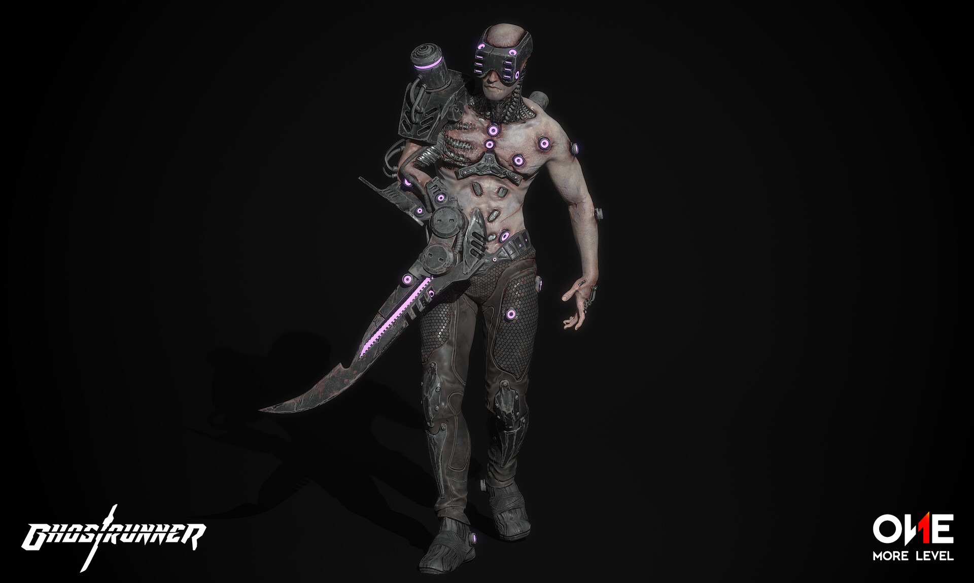 Model 3D cybernetycznego wojownika z futurystycznym mieczem, oświetlonego purpurowymi akcentami, na czarnym tle z logotypami Ghostrunner i One More Level.