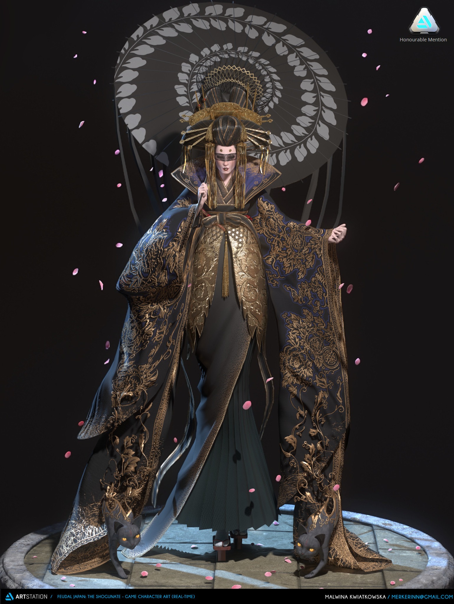 Cyfrowa ilustracja postaci inspirowanej kulturą japońską: kobieta w bogato zdobionym, czarno-złotym stroju z parasolem, otoczona opadającymi płatkami kwiatów wiśni, w otoczeniu dwóch czarnych kotów.