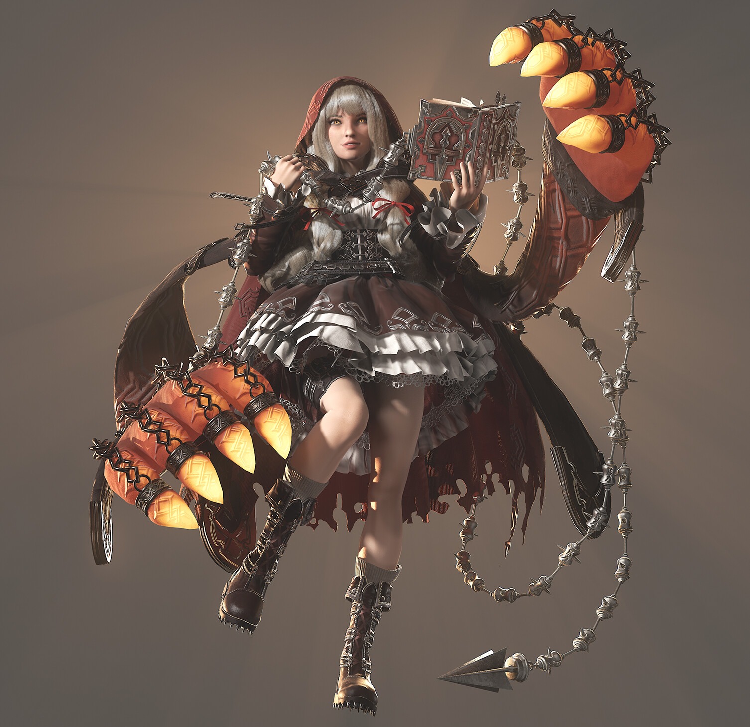 Stylizowana postać dziewczyny w czerwonym kapturze, trzymającej otwartą księgę, z mechaniczną ręką z tyłu, w renderowanej grafice 3D.