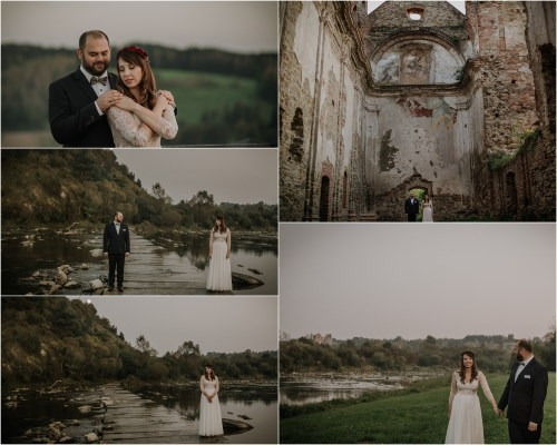 Kolaż zdjęć pary młodej w plenerze: obejmujący się na tle zieleni, w ruinach budynku i na tle rzeki z drewnianą kładką.
