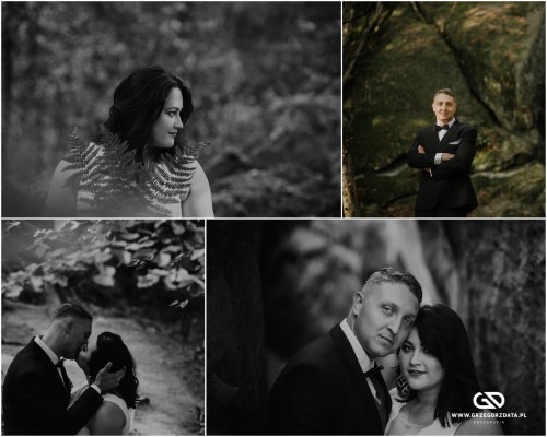 Czarno-biały kolaż z sesji ślubnej w plenerze: portret panny młodej z paprocią, pan młody na tle skał, pocałunek pary, zbliżenie pary z logo fotografa.