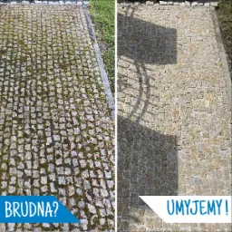 Porównanie kostki granitowej przed i po czyszczeniu: po lewej stronie zarośnięta mchem i zabrudzona, po prawej stronie świeżo umyta i wypełniona grysikiem granitowym, cień rzucany przez drzewo.