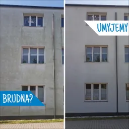Porównanie elewacji budynku przed i po czyszczeniu: po lewej stronie widoczny silny brud i zabrudzenia, po prawej czysta, jasna elewacja. Na zdjęciu naklejki z napisem 'Brudna?' i 'Umyjemy'.