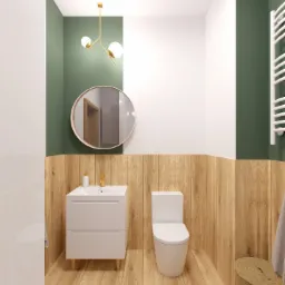 Wizualizacja łazienki z drewnianą boazerią, białymi płytkami, okrągłym lustrem, białą szafką z umywalką, toaletą i złotą armaturą oraz lampą.