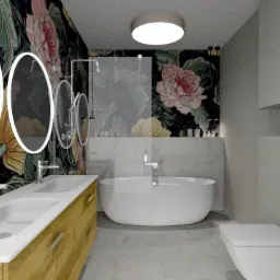 Wizualizacja łazienki z umywalką na drewnianej szafce, owalną wanną wolnostojącą i toaletą podwieszaną, wyróżniająca się tapetą w kwiaty i okrągłymi lustrami z podświetleniem LED.