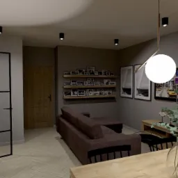 Wizualizacja salonu z ceglaną ścianą, drewnianą konsolą z lampą, sofą narożną w kolorze brązu, półkami na zdjęcia i wiszącymi lampami kulami.