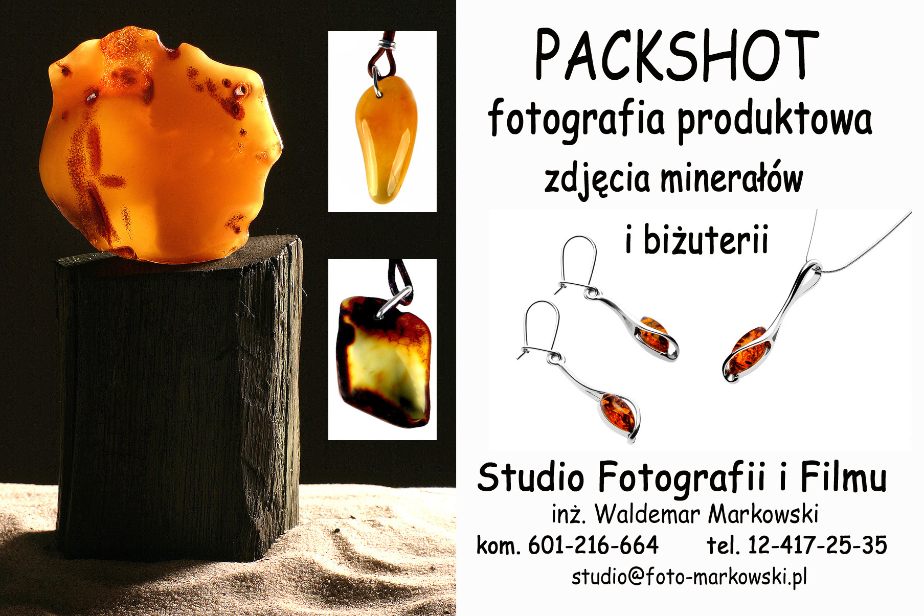 Fotografia produktowa: Bursztyn bałtycki na drewnianym postumencie, wisior z bursztynem, srebrne kolczyki i naszyjnik z bursztynem na jasnym tle z danymi kontaktowymi studia fotograficznego.