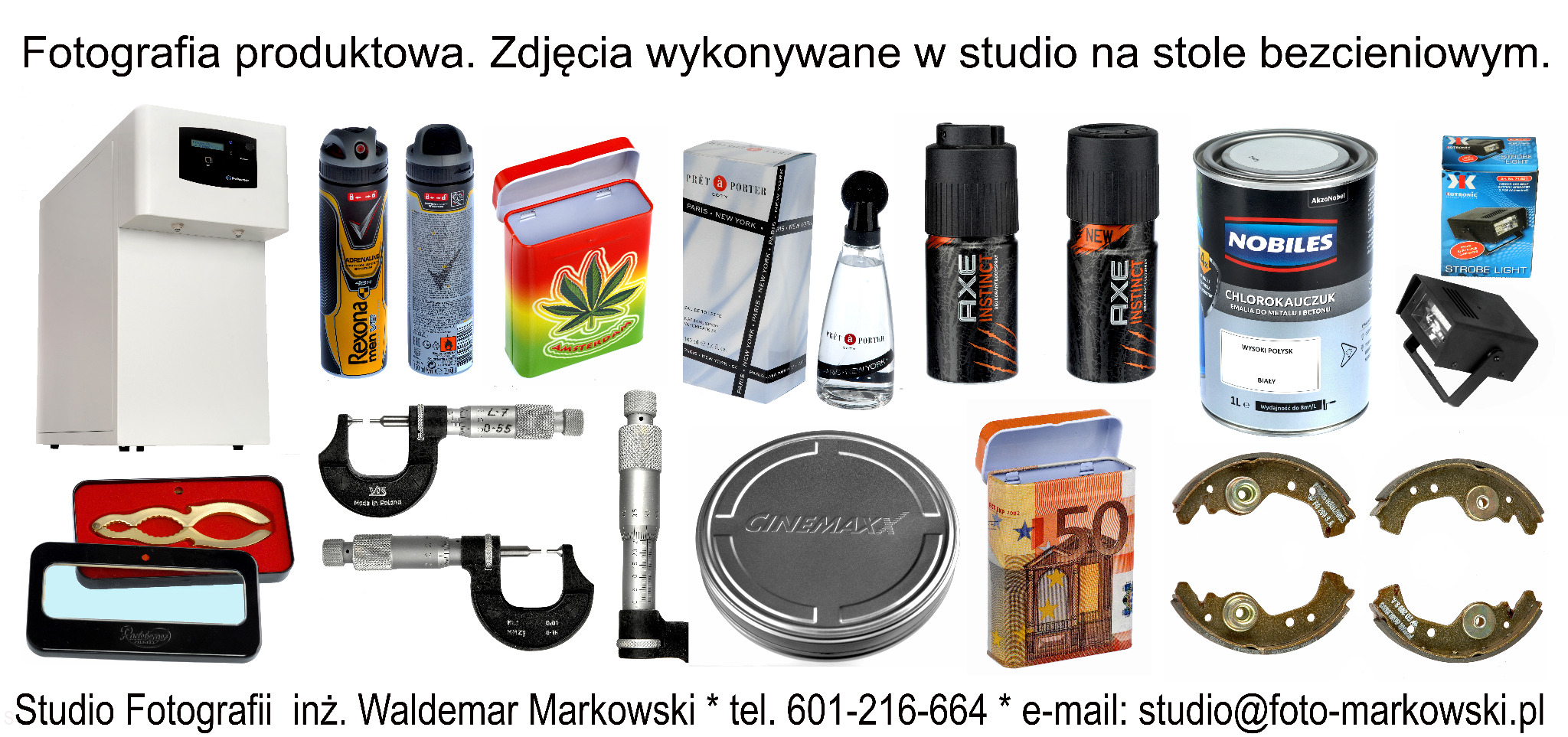 Zestaw różnorodnych produktów na białym tle: dezodoranty, puszki, farba, akcesoria pomiarowe, okładka płyty, pudełko z motywem banknotu 50 euro, klocki hamulcowe i lampa stroboskopowa.
