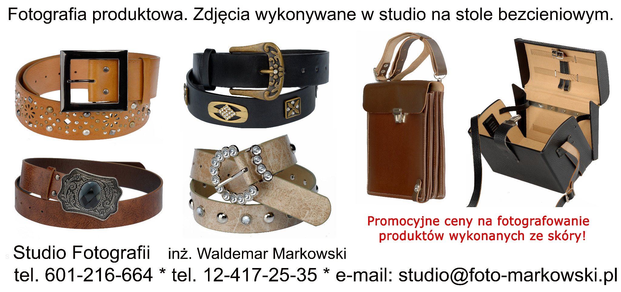 Zestaw skórzanych pasków z ozdobnymi klamrami i skórzana torba na białym tle, fotografia produktowa wykonana w studio bezcieniowym.