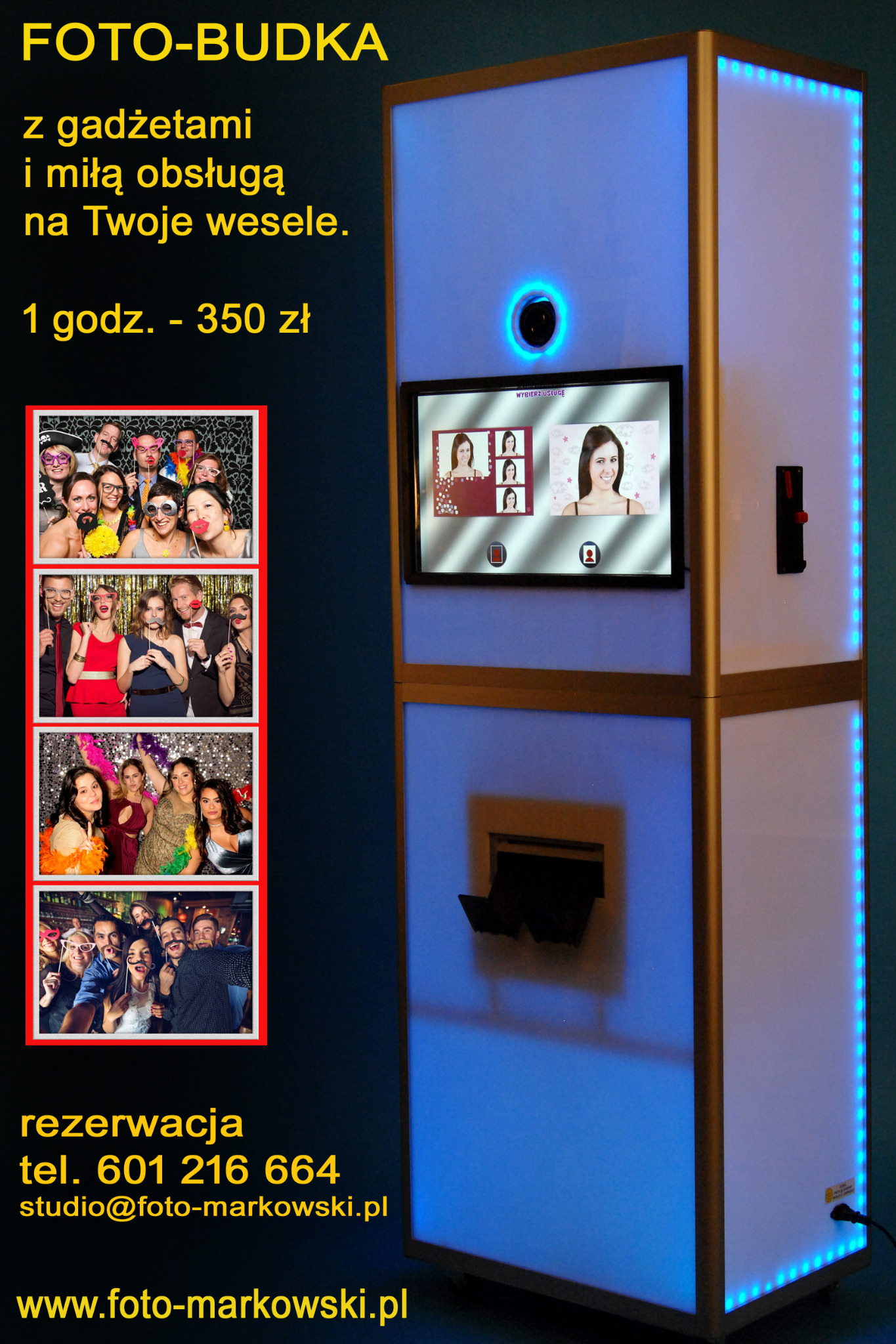 Oświetlona foto-budka z ekranem dotykowym prezentującym zdjęcia i wydrukiem, reklama z ceną i danymi kontaktowymi.