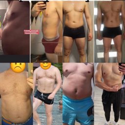Rafał Rutkowski Ruciak - Kolaż ukazujący metamorfozy sylwetek mężczyzn przed i po treningach, z widoczną poprawą muskulatury i redukcją tkanki tłuszczowej.