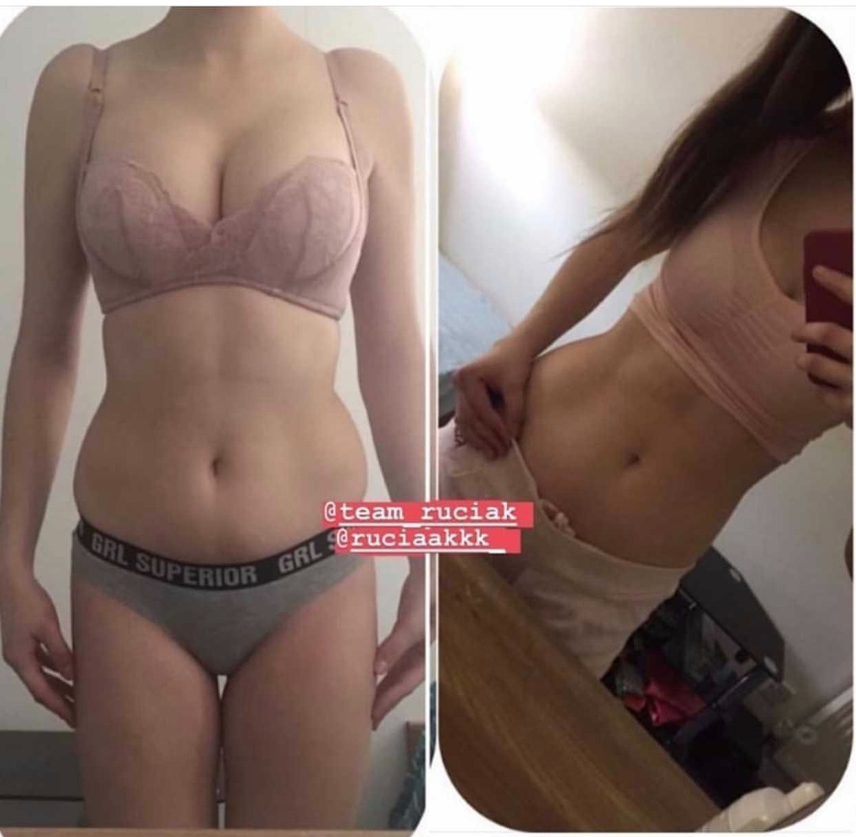 Kobieta w bieliźnie prezentuje metamorfozę sylwetki, zdjęcie typu 'przed i po' z widocznym logo/nazwą firmy na zdjęciu.