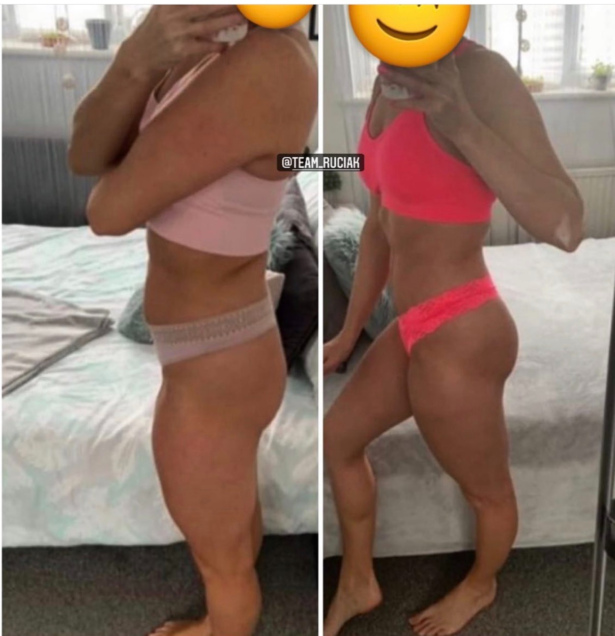 Porównanie sylwetki kobiety przed i po treningu, widoczne zmiany w tkance tłuszczowej i muskulaturze, ujęcie z boku na tle łóżka.