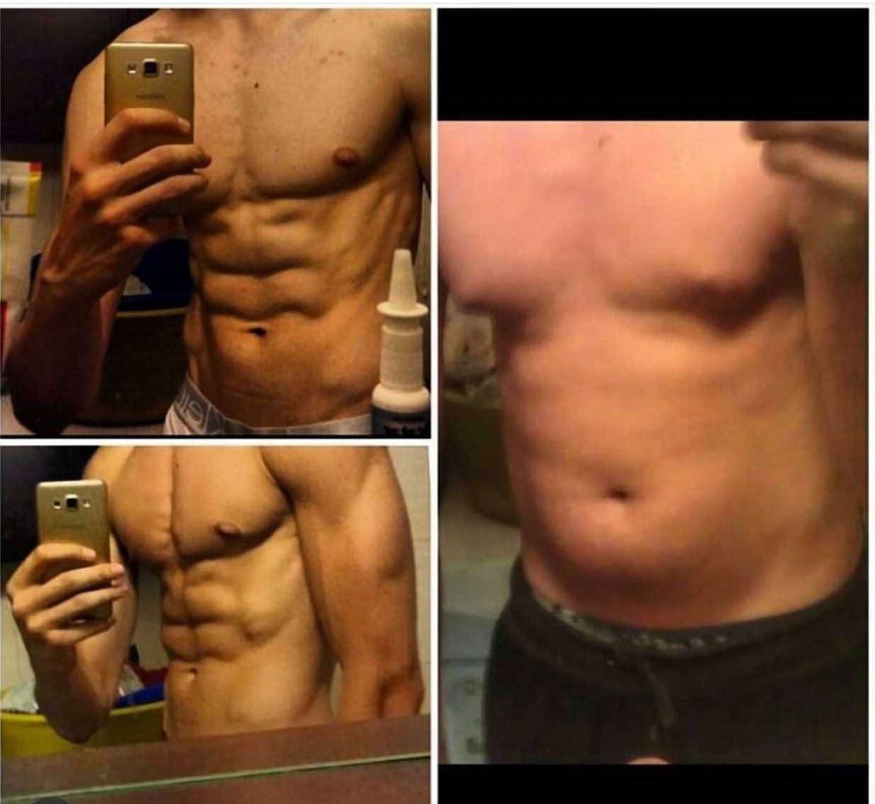 Kolaż prezentujący transformację sylwetki mężczyzny, widoczne zdjęcia z zaznaczonymi mięśniami brzucha przed i po treningu, na jednym ze zdjęć widoczny telefon i butelka z aplikatorem.
