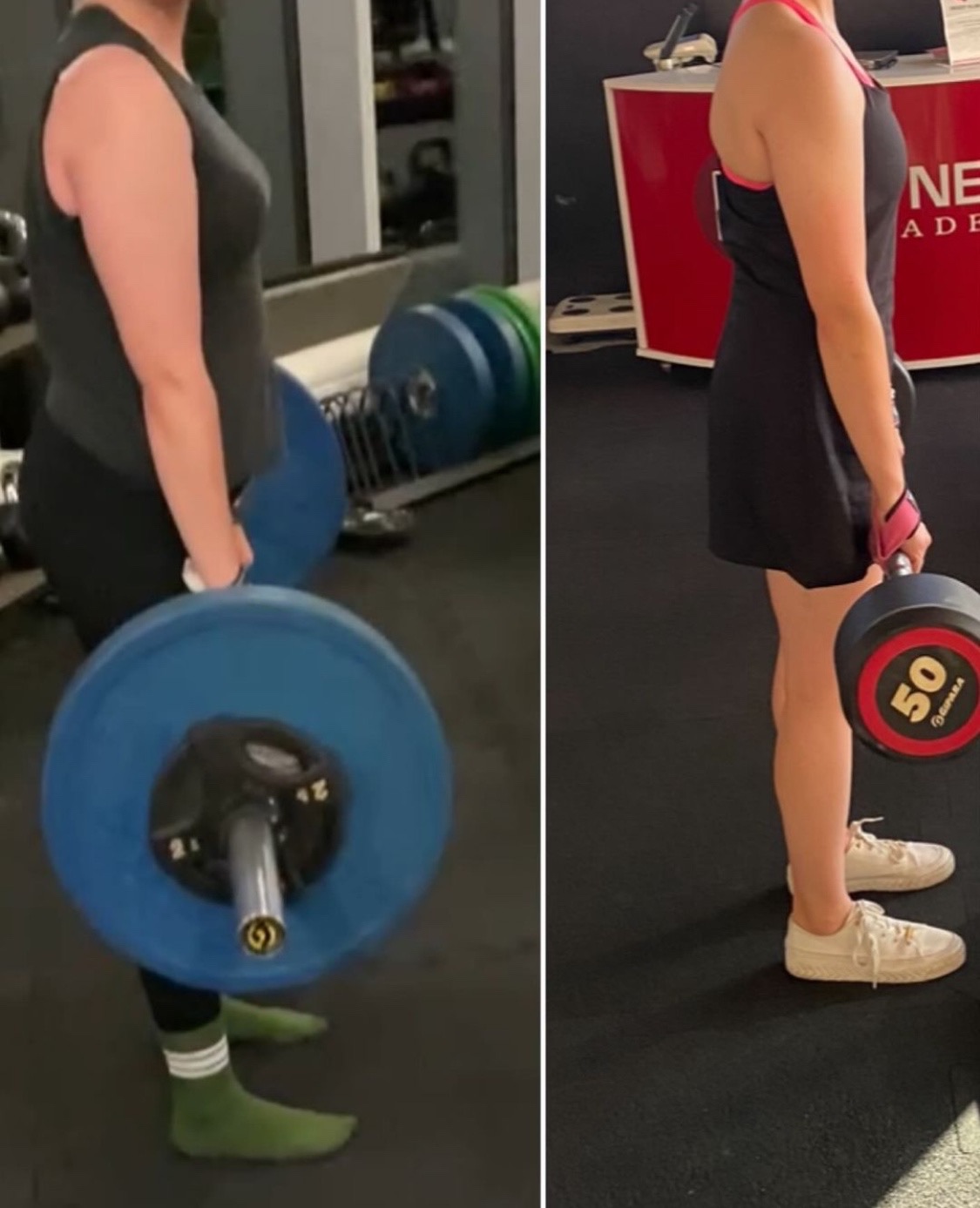 Dwie osoby ćwiczą martwy ciąg z różnymi ciężarami: po lewej z niebieskimi obciążeniami i w zielonych skarpetkach, po prawej z czerwono-czarnym obciążeniem 50 kg i w białych butach.