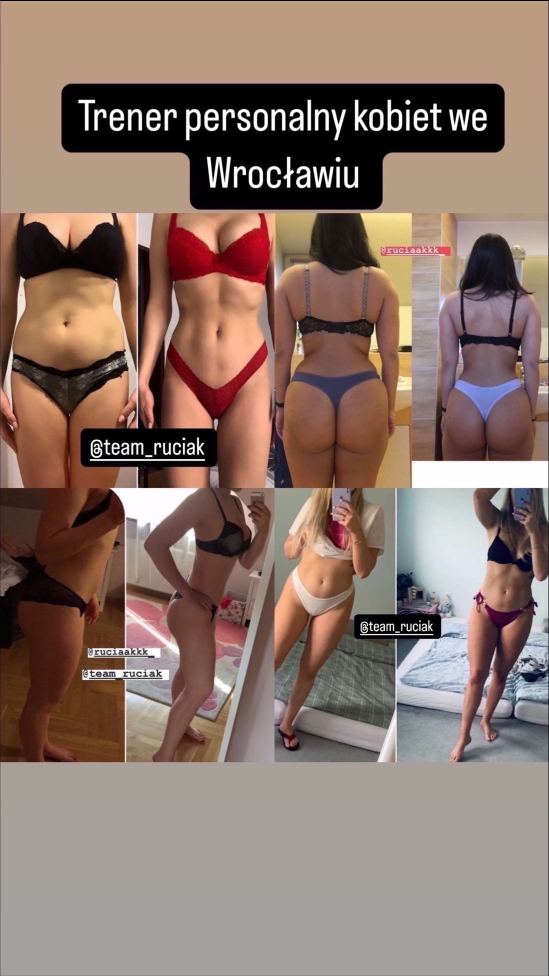 Kolaż zdjęć sylwetek kobiet przed i po treningach personalnych, prezentujący progres w redukcji tkanki tłuszczowej i budowie mięśni, oznaczony tagami @team_ruciak i @ruciaakkk.