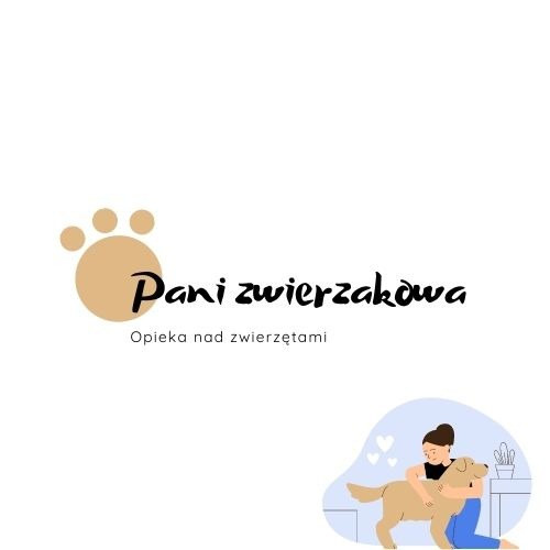 Ilustracja logo firmy 'Pani zwierzakowa' z beżową łapą, czarnym napisem i grafiką kobiety obejmującej psa.