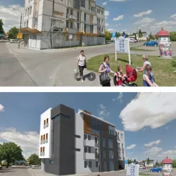 Projekt elewacji budynku usługowo-handlowego. Zdj. dolne wizualizacja.