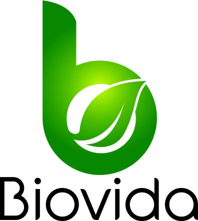 Zielone logo firmy Biovida z liściem wkomponowanym w literę 'b'.