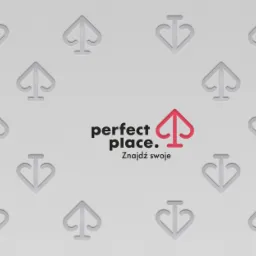 Abstrakcyjne tło z powtarzającymi się szarymi symbolami karo i odwróconych serc, z czerwonym symbolem karo w logo 'perfect place. Znajdź swoje' na środku.