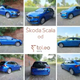 Kolaż dziewięciu ujęć niebieskiej Škody Scala, prezentujących różne perspektywy nadwozia, z logo firmy pośrodku.