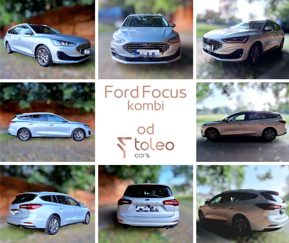 Kolaż dziewięciu zdjęć srebrnego Forda Focus kombi, prezentujących go z różnych perspektyw, z logo firmy 'toleo cars' umieszczonym centralnie.