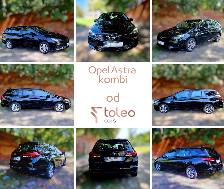 Czarny Opel Astra kombi, kolaż dziewięciu ujęć z różnych perspektyw, prezentacja pojazdu na tle zieleni.