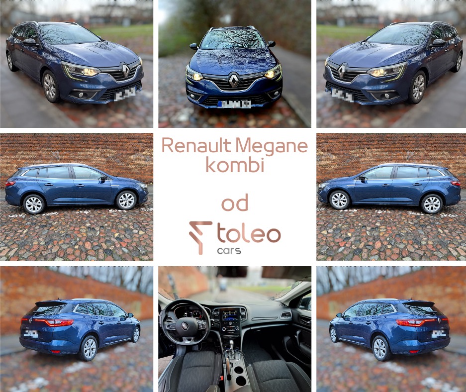 Kolaż zdjęć granatowego Renault Megane kombi, prezentujący auto z różnych perspektyw, w tym wnętrze z widoczną deską rozdzielczą i kierownicą, oraz logo firmy 'toleo cars' w centralnej części.