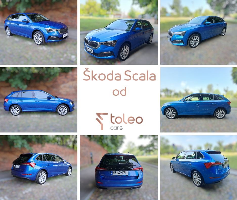 Kolaż dziewięciu ujęć niebieskiej Škody Scala, prezentujących różne perspektywy nadwozia, z logo firmy pośrodku.