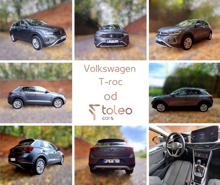 Kolaż przedstawiający szarego Volkswagena T-Roc z różnych perspektyw, w tym wnętrze z widocznym kokpitem i zegarami, na tle jesiennego krajobrazu, z logo 'toleo cars' w centrum.