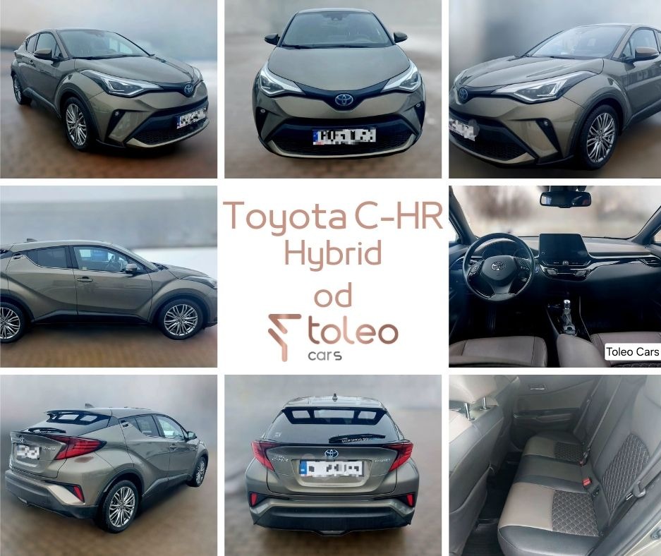 Kompozycja zdjęć szarego samochodu Toyota C-HR Hybrid z różnych perspektyw: przód, bok, tył oraz wnętrze z deską rozdzielczą i tylnymi siedzeniami. Prezentacja pojazdu na sprzedaż lub wynajem.