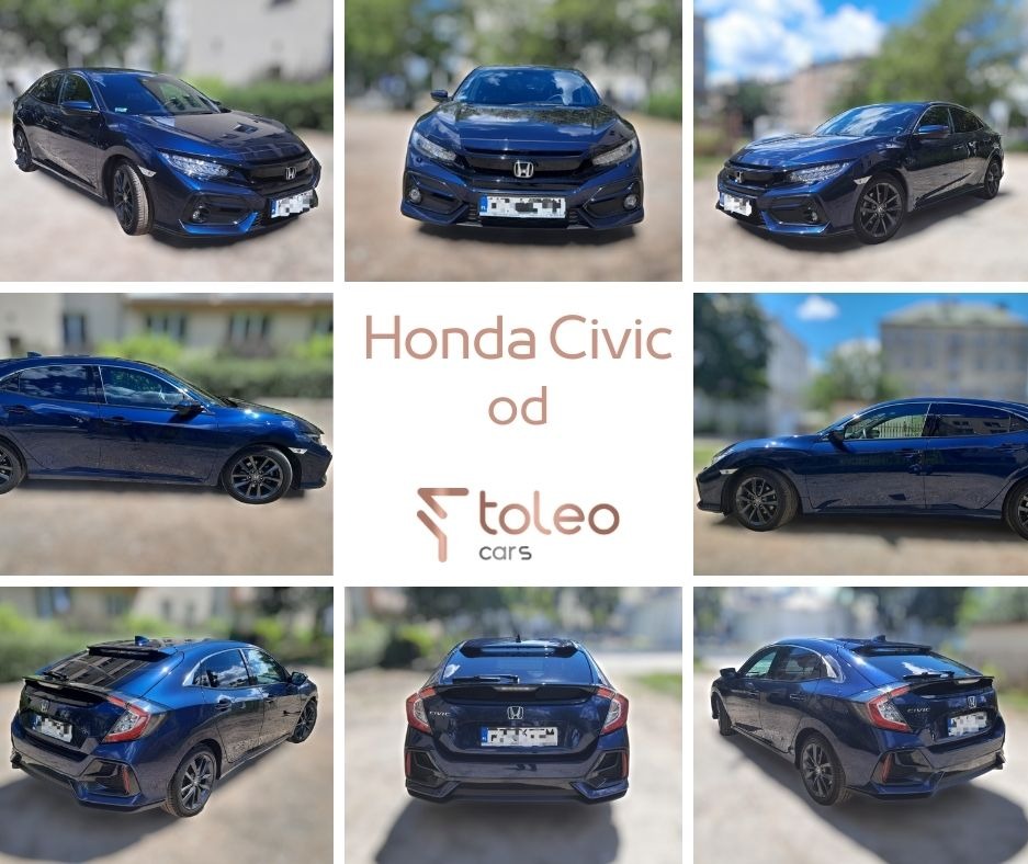 Kolaż przedstawiający granatowego Hondę Civic z różnych perspektyw: przód, tył, bok, ujęcie z góry, na tle miejskiego krajobrazu.