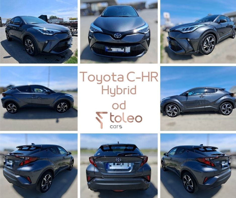 Kolaż zdjęć szarego samochodu Toyota C-HR Hybrid prezentowany z różnych perspektyw, z uwzględnieniem przodu, tyłu i boków pojazdu, na tle jasnego nieba i betonowej nawierzchni, z logo firmy 'toleo...