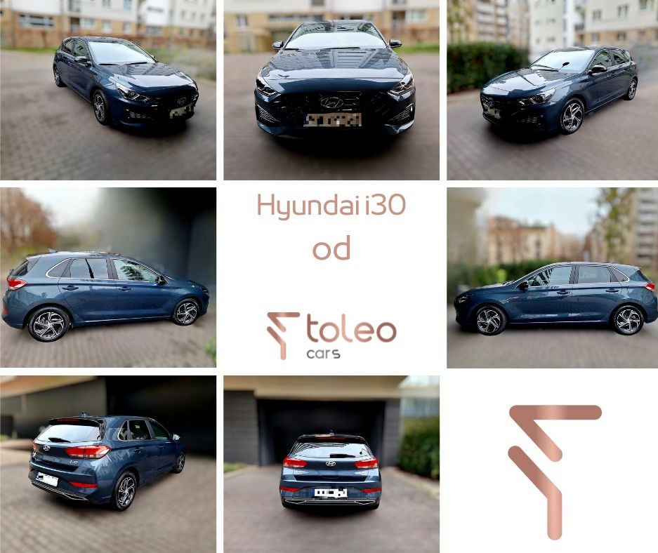 Kolaż zdjęć granatowego Hyundai i30 kombi z różnej perspektywy, prezentowany przez wypożyczalnię samochodów Toleo Cars.