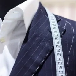 Fragment marynarki w paski z widocznymi białymi szwami i miarą krawiecką, sugerujący dopasowywanie produktu do klienta.