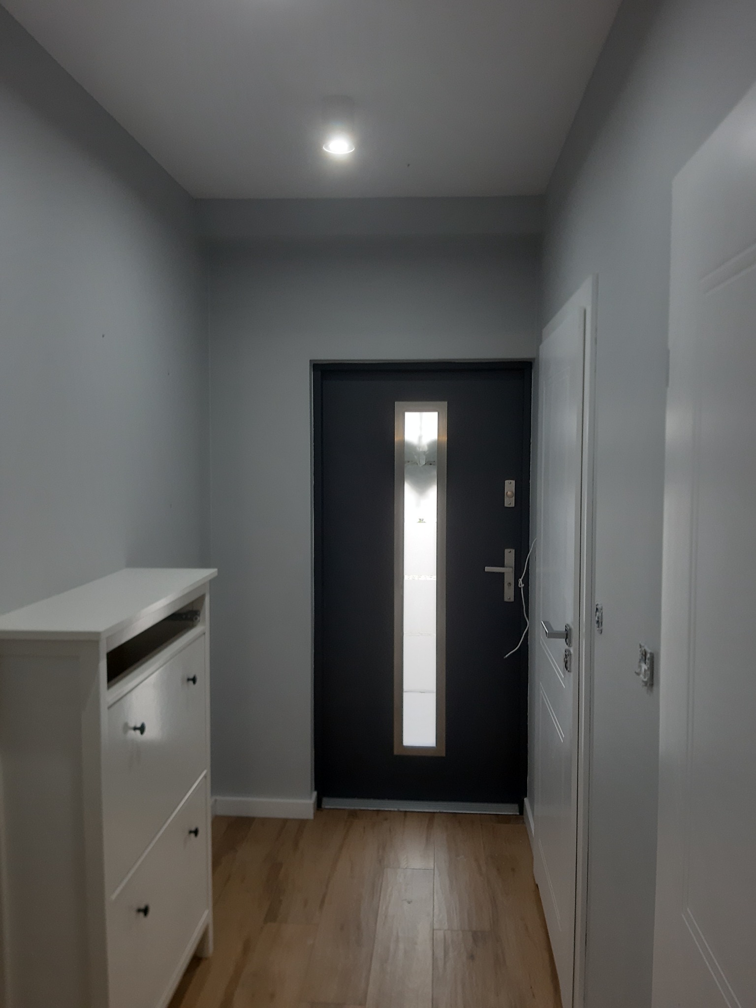 Szary korytarz po malowaniu z drewnianą podłogą, białą szafką na buty i czarnymi drzwiami wejściowymi z pionowym przeszkleniem.
