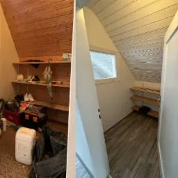 Porównanie stanu poddasza przed i po: po lewej zagracone, z drewnianą boazerią i tapetą, po prawej odnowione, z białymi ścianami, nową podłogą i półkami.