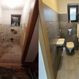 Porównanie stanu łazienki przed i po remoncie: po lewej zniszczone ściany i podłoga, po prawej wykończona łazienka z szarymi płytkami, nową armaturą i grzejnikiem.