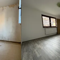 Porównanie stanu pokoju przed i po remoncie w Gozdawie: od ścian z resztkami tapet i workiem gruzu po świeżo pomalowane ściany i panele podłogowe.